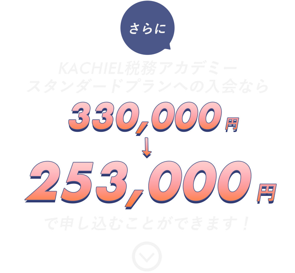 さらにKACHIEL税務アカデミーへの入会なら
330,000円（税込）が121,000円（税込）で申し込むことができます！