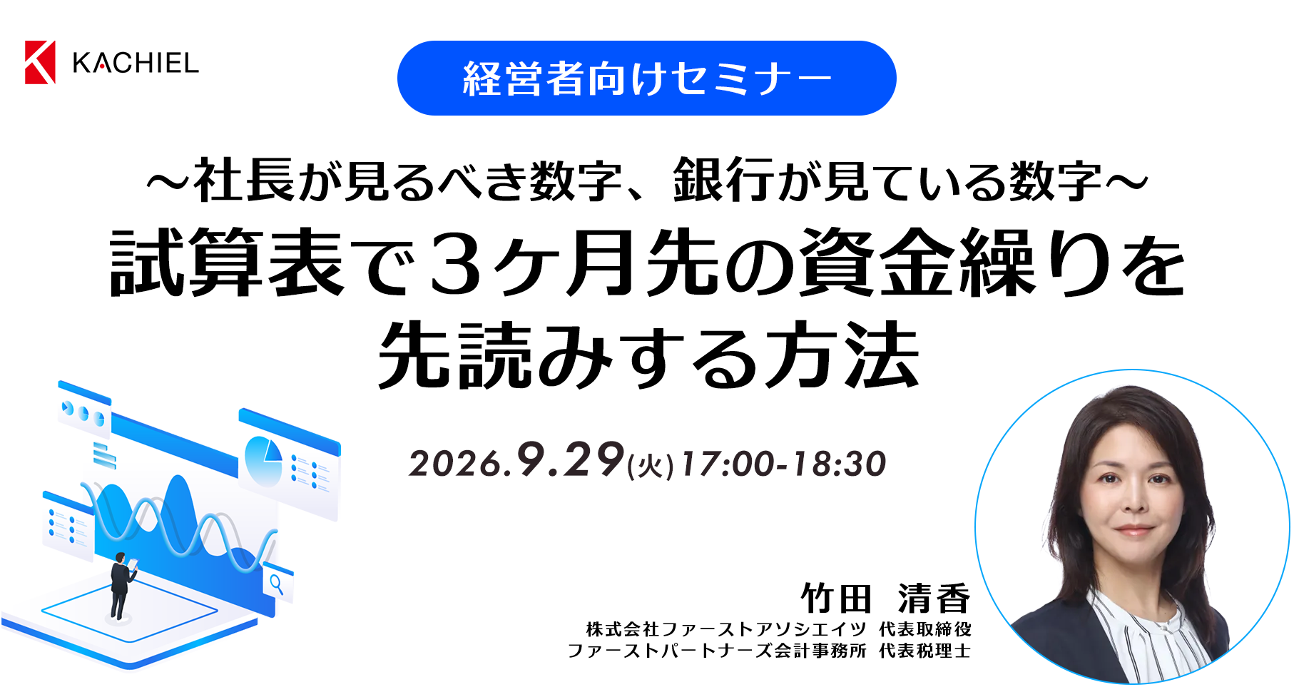 経営者向けセミナー　～社長が見るべき数字、銀行が見ている数字～試算表で３ヶ月先の資金繰りを先読みする方法識　株式会社ファーストアソシエイツ 代表取締役／ファーストパートナーズ会計事務所 代表税理士　竹田 清香