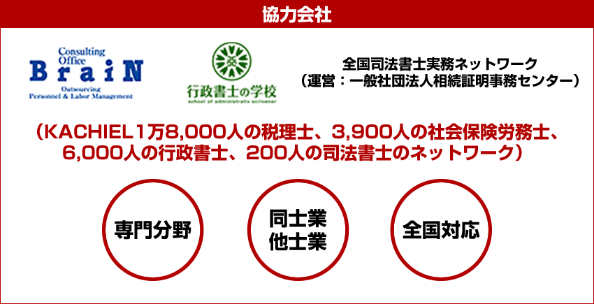 (KACHIEL1万8,000人の税理士、3,900人の社会保険労務士、6,000人の行政書士、200人の司法書士のネットワーク)